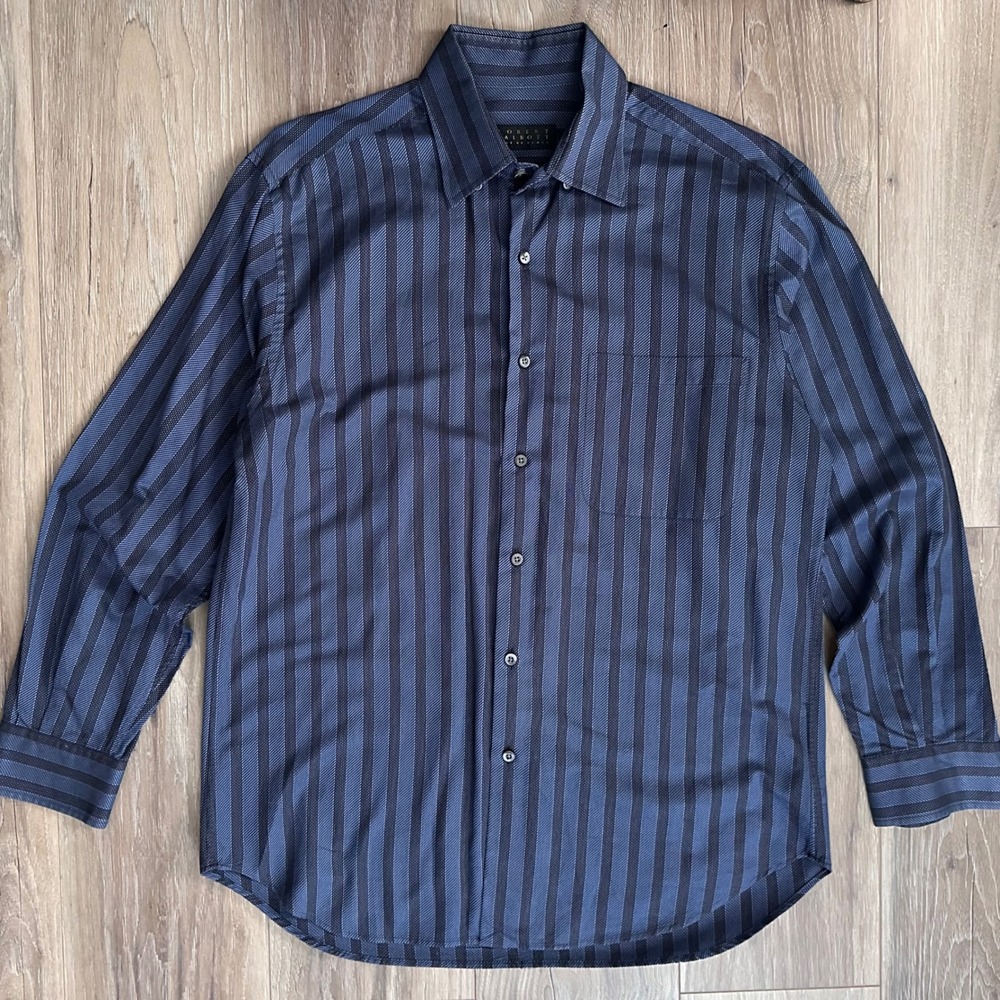 Robert Talbott Best of Class Mens Navy Black Striped Cotton Dress Shirt Large